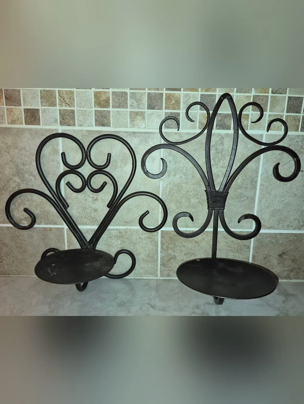 Pair of black Wrought Iron Scroll Candle Wall Sconces